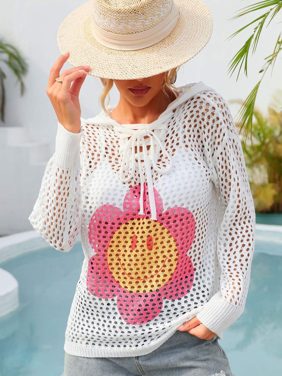 Hazel Blues® | Flower Graphic Lace-Up Openwork Hooded Cover Up