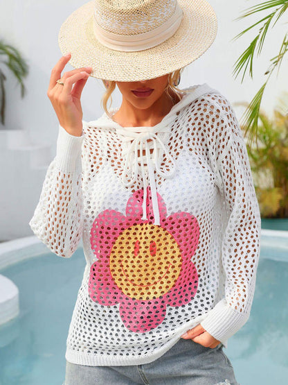 Hazel Blues® | Flower Graphic Lace-Up Openwork Hooded Cover Up