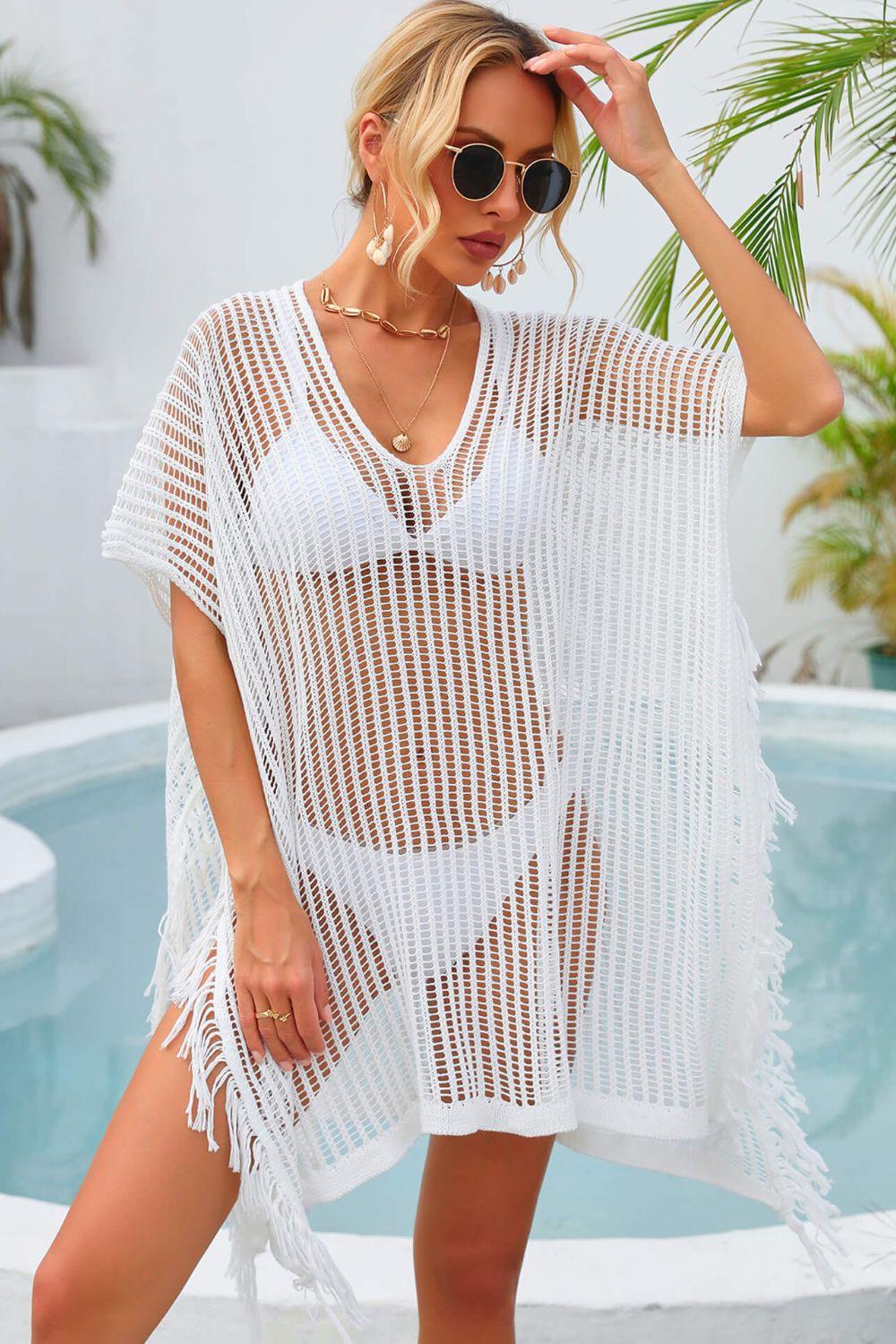 Hazel Blues® | Fringe Trim Openwork Cover Up