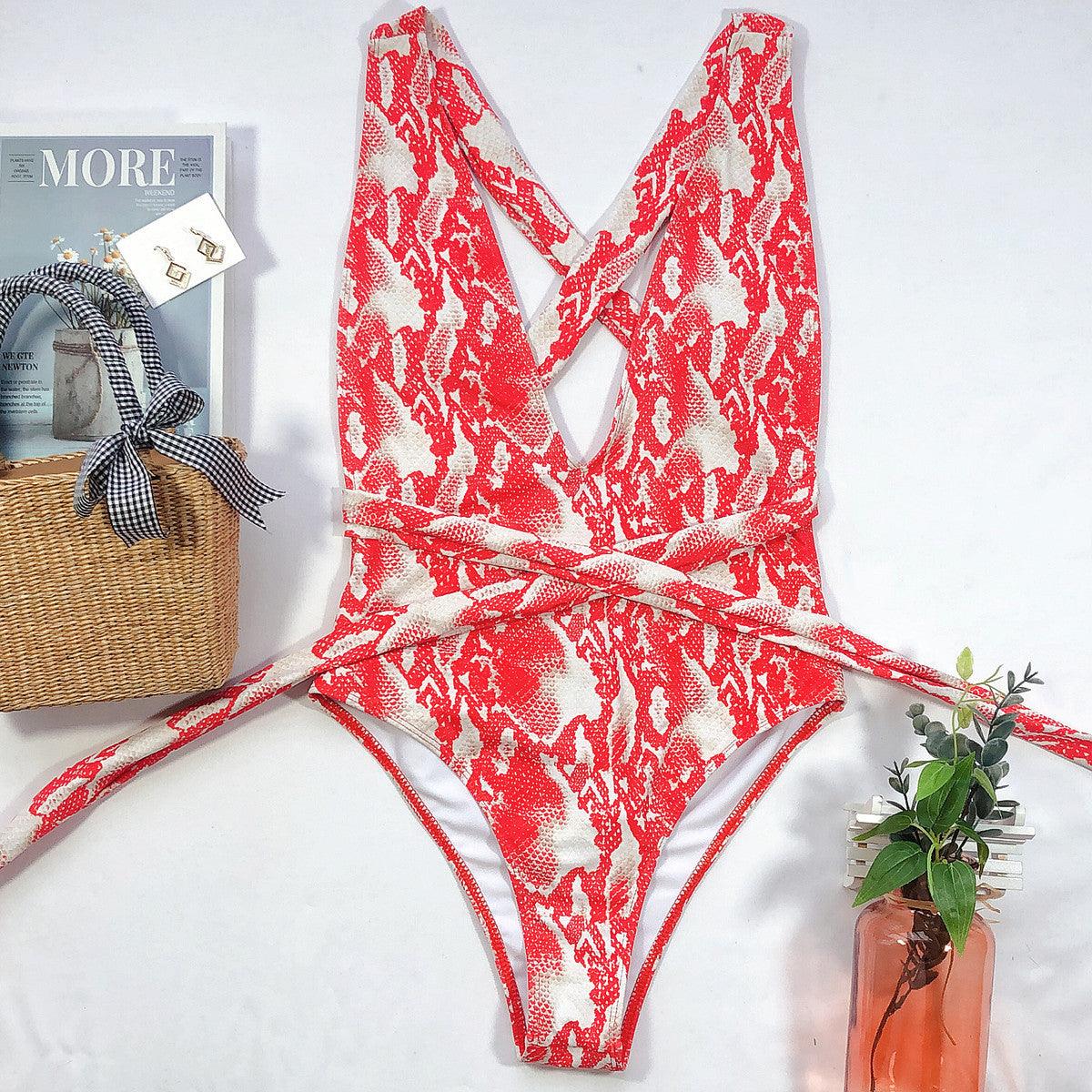 Hazel Blues® | Halter Neck Deep V Tied One-Piece Swimsuit