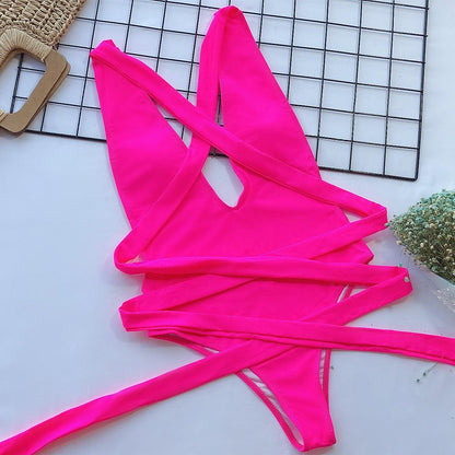 Hazel Blues® | Halter Neck Deep V Tied One-Piece Swimsuit