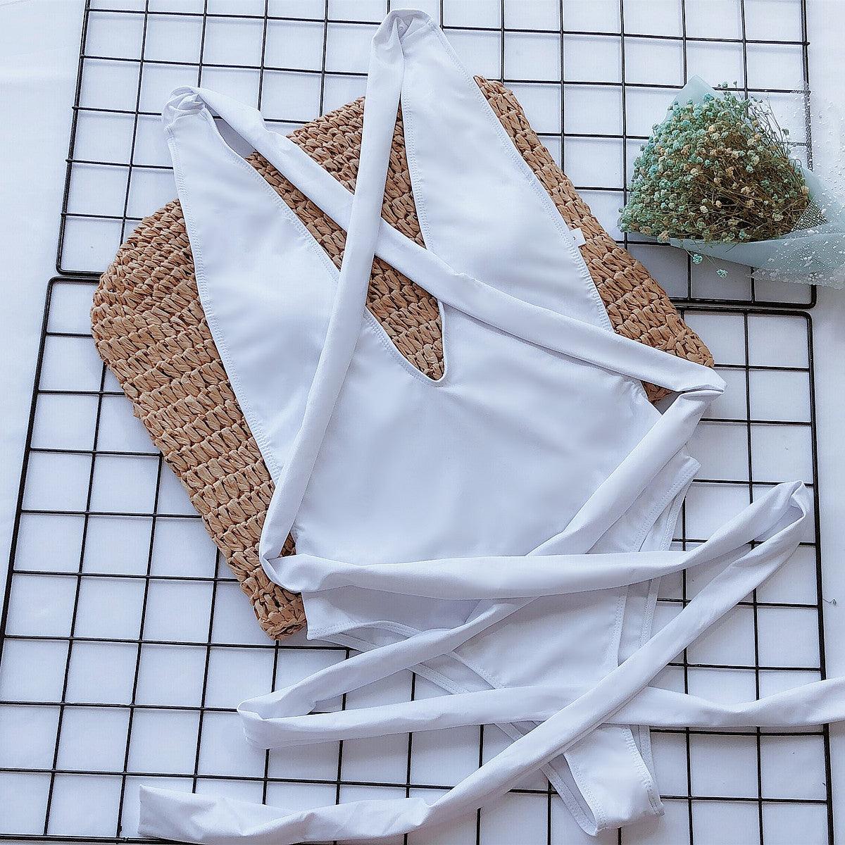 Hazel Blues® | Halter Neck Deep V Tied One-Piece Swimsuit