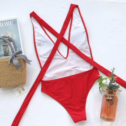 Hazel Blues® | Halter Neck Deep V Tied One-Piece Swimsuit