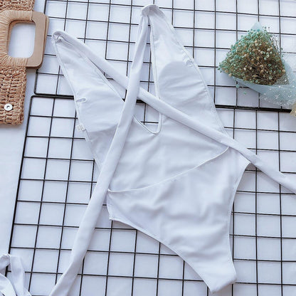 Hazel Blues® | Halter Neck Deep V Tied One-Piece Swimsuit
