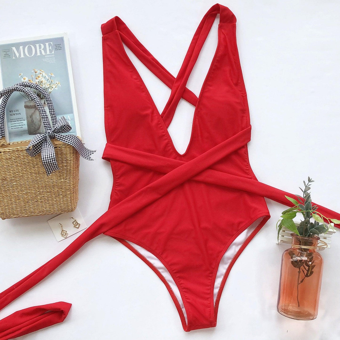 Hazel Blues® | Halter Neck Deep V Tied One-Piece Swimsuit