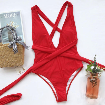 Hazel Blues® | Halter Neck Deep V Tied One-Piece Swimsuit
