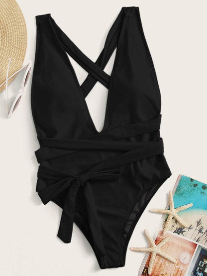 Hazel Blues® | Halter Neck Deep V Tied One-Piece Swimsuit
