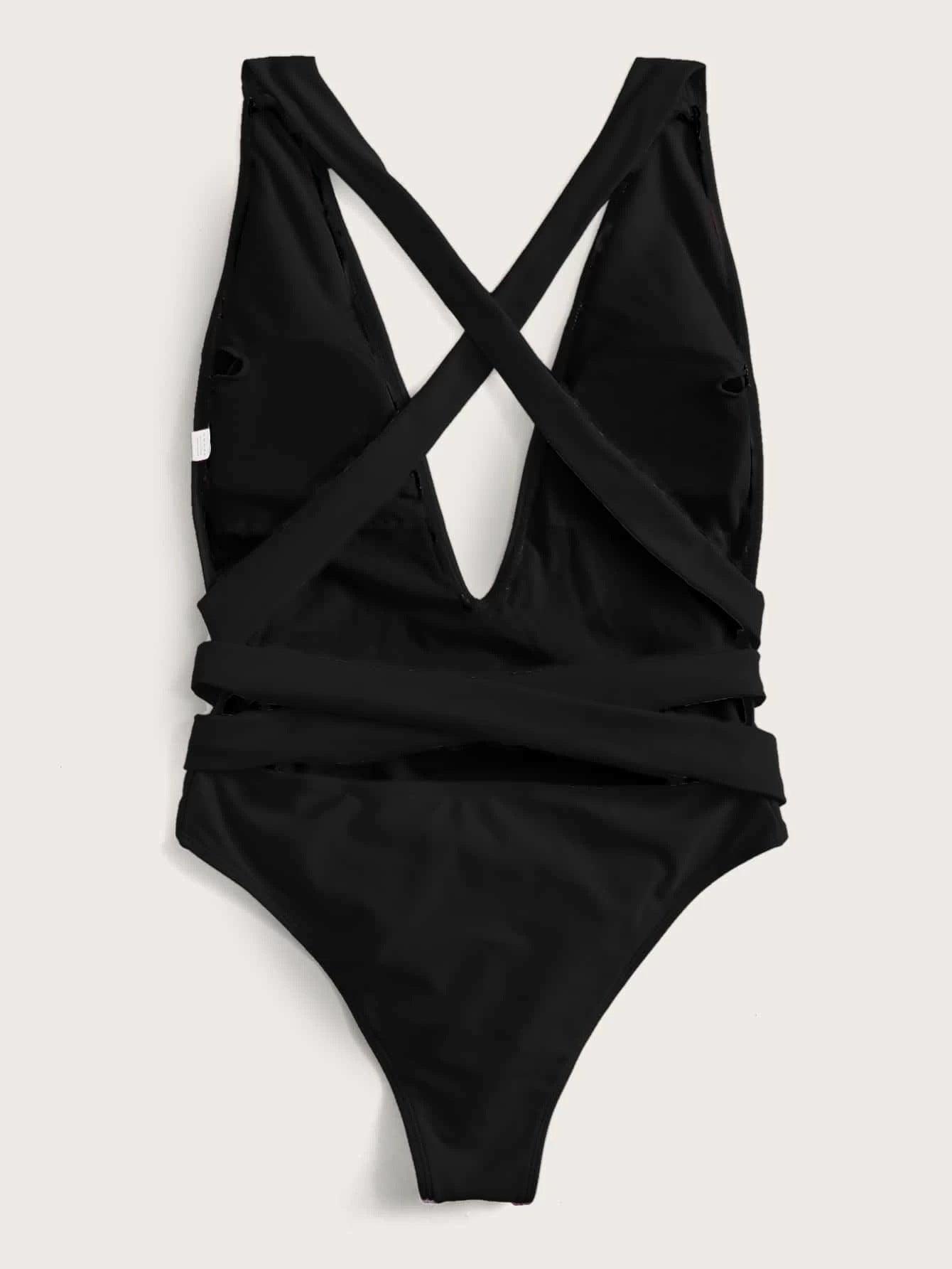 Hazel Blues® | Halter Neck Deep V Tied One-Piece Swimsuit
