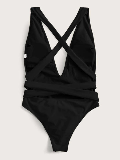 Hazel Blues® | Halter Neck Deep V Tied One-Piece Swimsuit