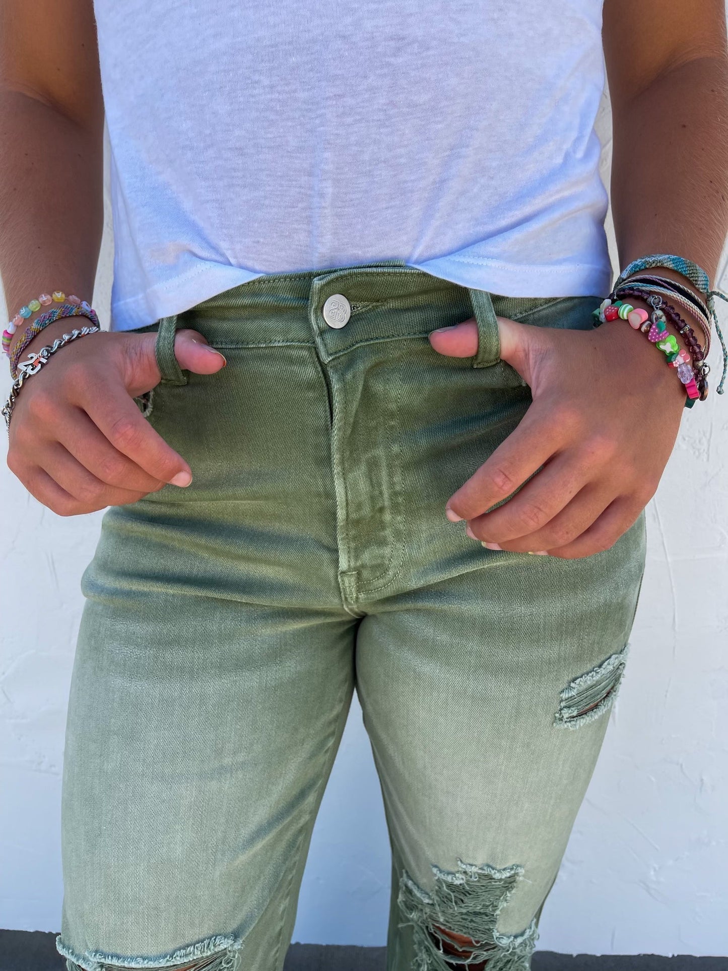Hazel Blues® |  Blakeley Distressed Jeans In Olive and Camel