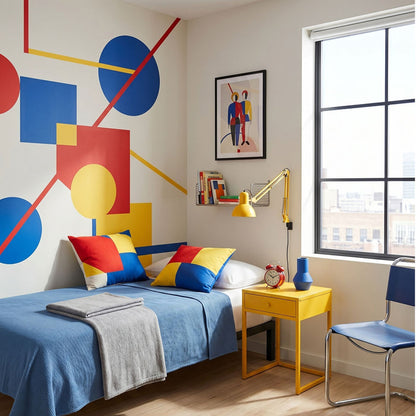 Modern bedroom with colorful geometric wall design, bed, and side table.