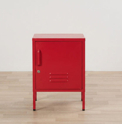 Red metal locker-style cabinet on a wooden floor with a white background