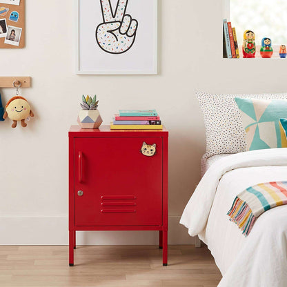 Irvine Single Locker - Red metal bedside storage cabinet styled beside a bed in a playful contemporary bedroom