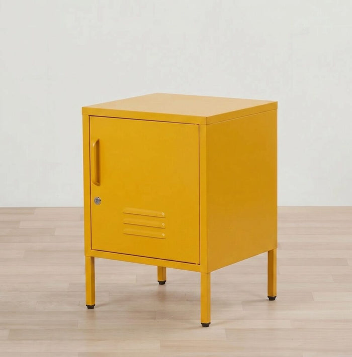 Yellow metal cabinet on a wooden floor with a white background