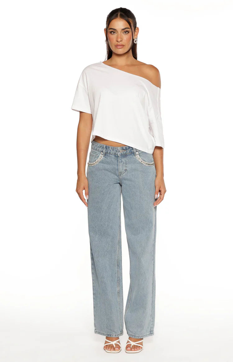 Kavira Light Wash Denim Diamante Trim Low Rise Jeans