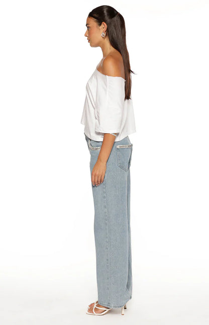 Kavira Light Wash Denim Diamante Trim Low Rise Jeans