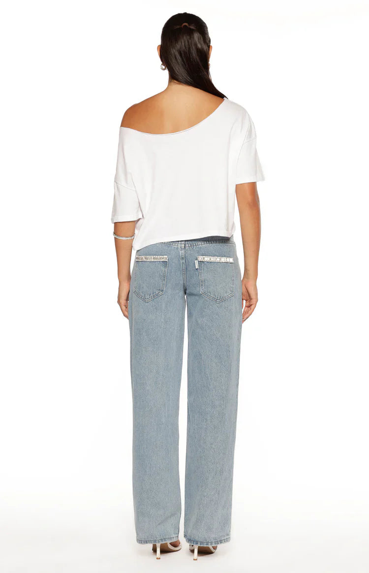 Kavira Light Wash Denim Diamante Trim Low Rise Jeans