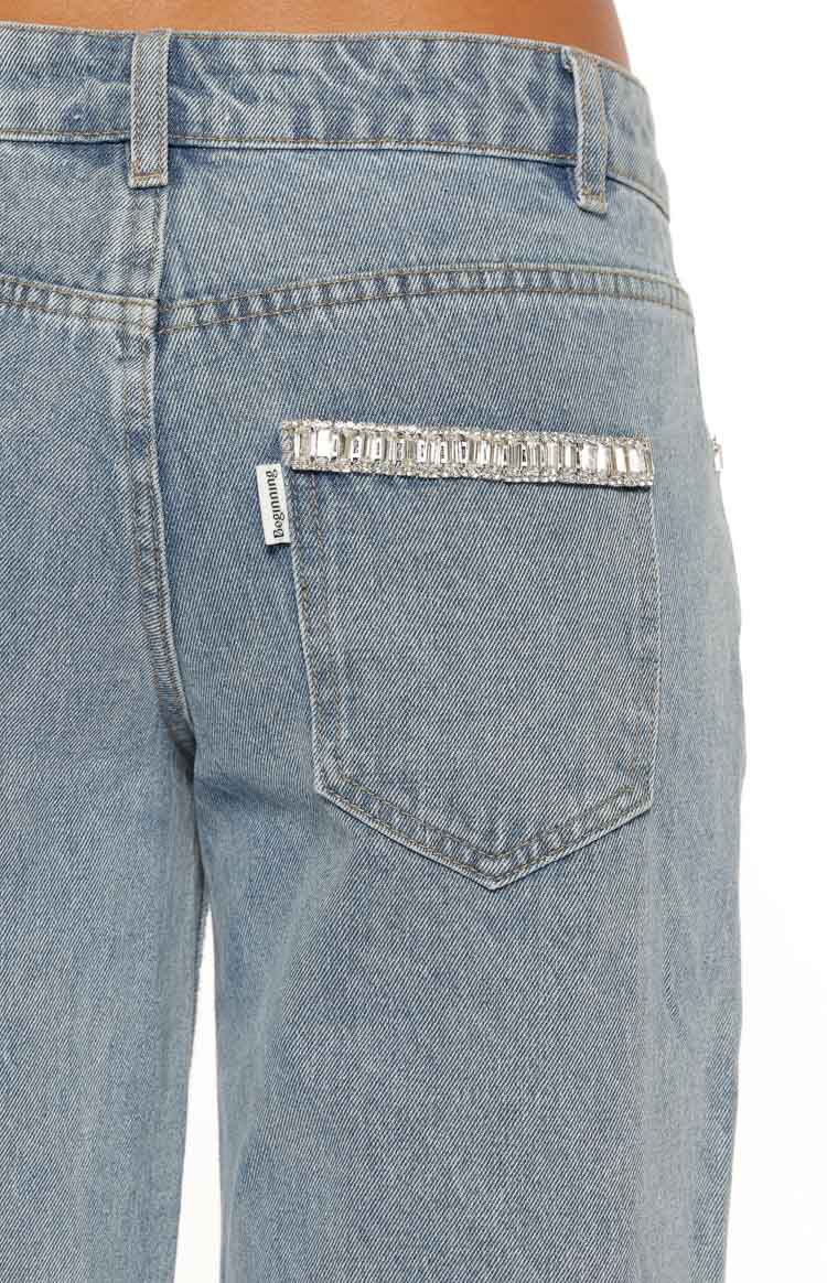 Kavira Light Wash Denim Diamante Trim Low Rise Jeans