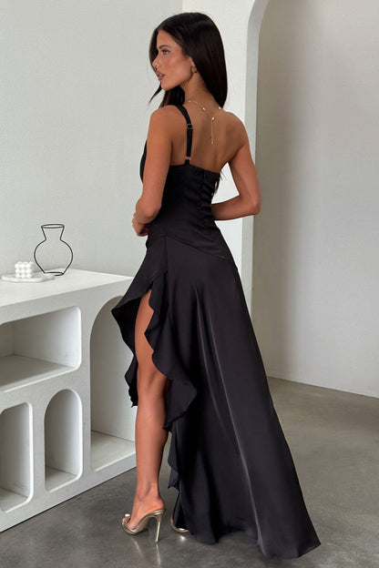 Leni One Shoulder Satin Maxi Dress - Black