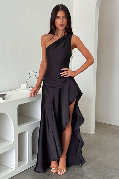 Leni One Shoulder Satin Maxi Dress - Black