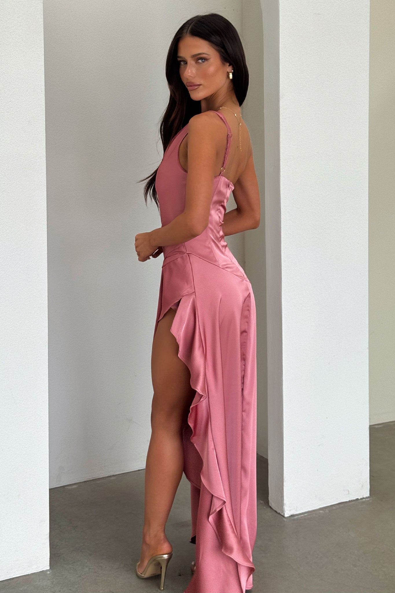 Leni One Shoulder Satin Maxi Dress - Rose