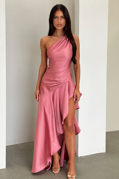 Leni One Shoulder Satin Maxi Dress - Rose