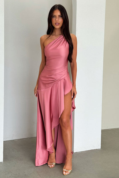 Leni One Shoulder Satin Maxi Dress - Rose