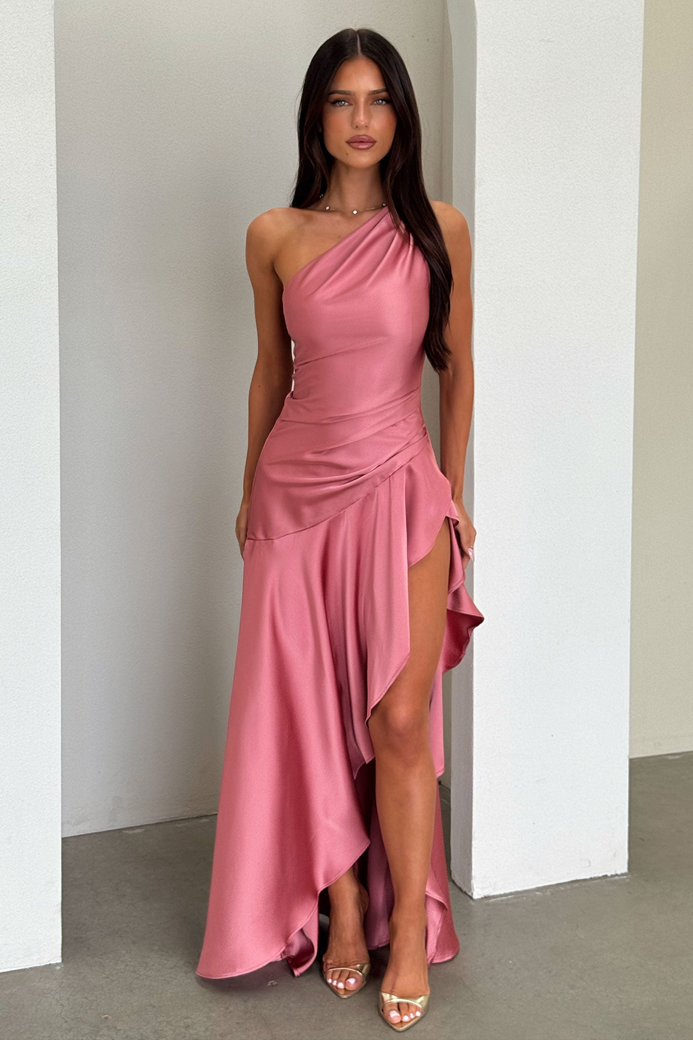 Leni One Shoulder Satin Maxi Dress - Rose