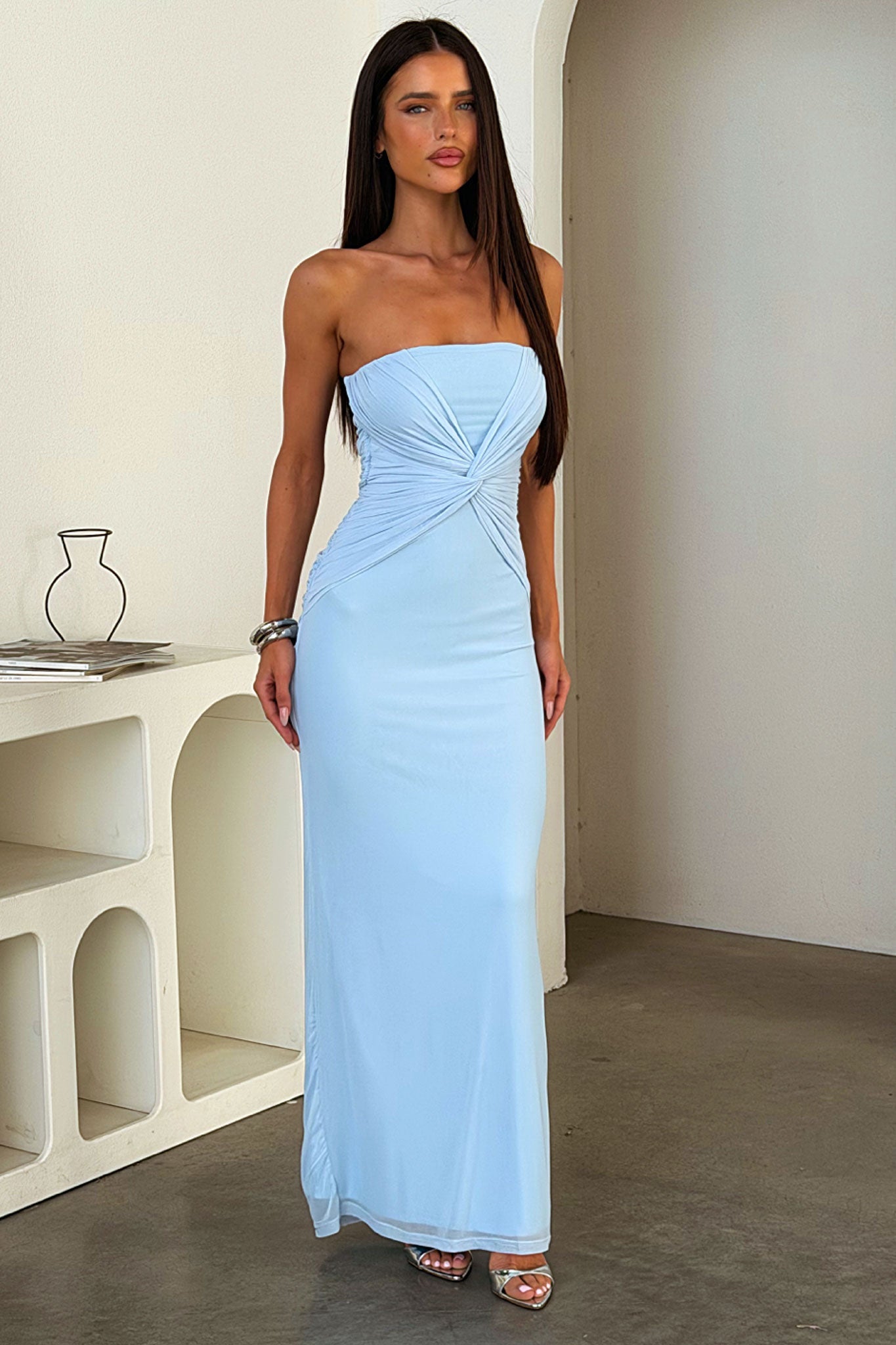 Lennen Strapless Mesh Maxi Dress - Baby Blue