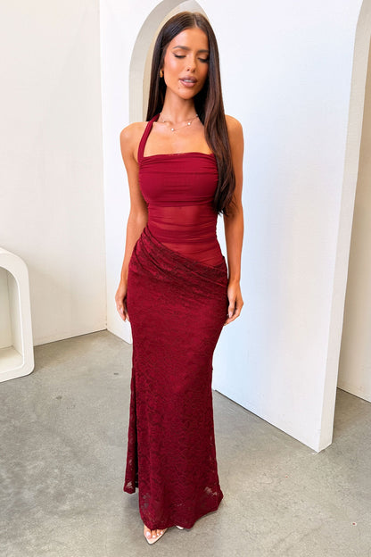 Liora Lace Halter Neck Maxi Dress - Burgundy