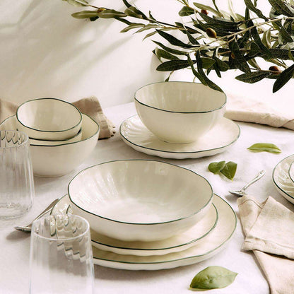 Lotus Dinner Plate - White/Green, white dinnerware plate with green rim, styled with matching bowls and glassware