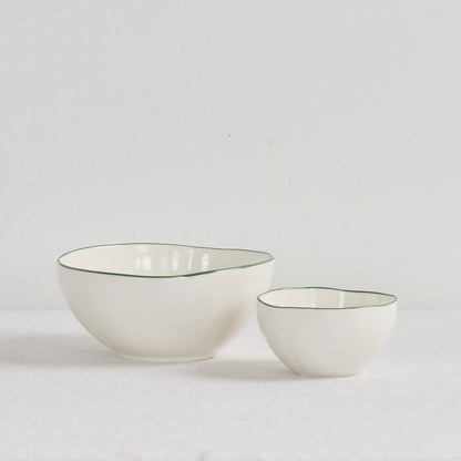 Lotus Snack Bowl - White/Green, white dinnerware bowl with a fine green rim, shown beside a larger matching bowl