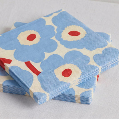 Marimekko Paper Napkin - 20pc - Cream/Blue with blue Unikko poppy pattern and red centres on a cream background