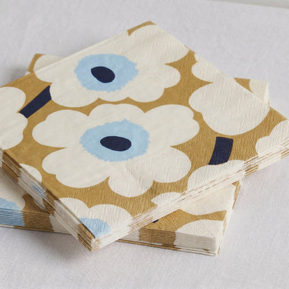 Marimekko Paper Napkin - 20pc - Cream/Gold stacked napkins with cream poppies, gold background and blue centres