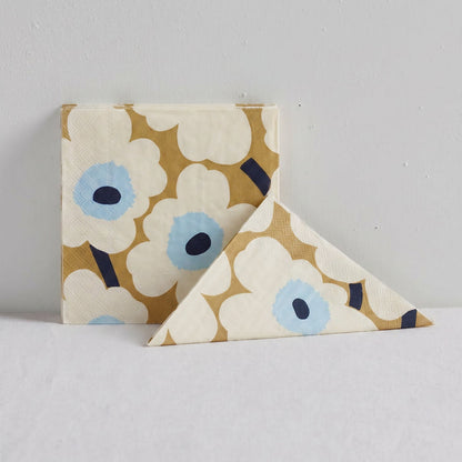 Marimekko Paper Napkin - 20pc - Cream/Gold with cream poppy pattern, gold background and pale blue floral centres