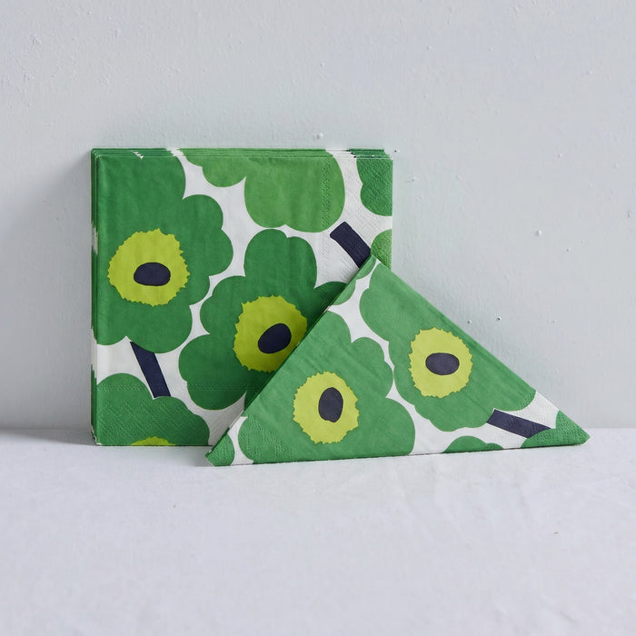 Marimekko Paper Napkin - 20pc - Green pack with folded Unikko poppy napkin in vibrant green, yellow and navy pattern