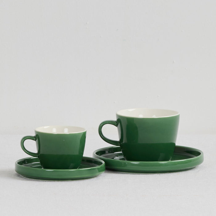 Mesa Espresso Cup & Saucer - Green glossy green espresso cups with matching wide saucers in two sizes