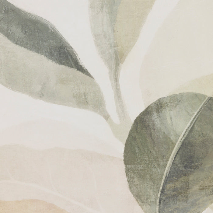 Abstract botanical wall art featuring large textured leaves in muted sage green, gray, and soft beige tones on a warm off-white background.