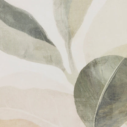 Abstract botanical wall art featuring large textured leaves in muted sage green, gray, and soft beige tones on a warm off-white background.