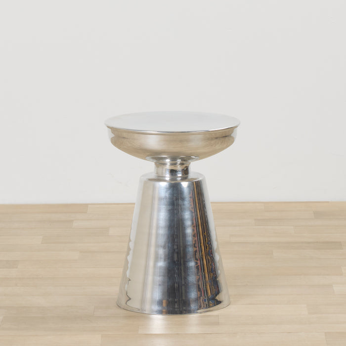 Obelisk Side Table - Chrome, sculptural polished chrome side table with a flared pedestal base and round tray top