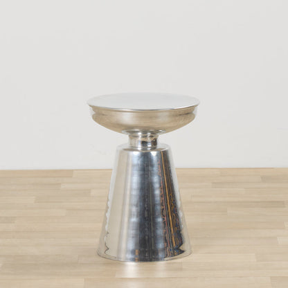 Obelisk Side Table - Chrome, sculptural polished chrome side table with a flared pedestal base and round tray top