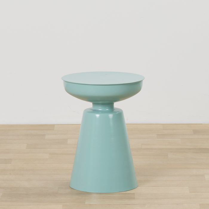Obelisk Side Table - Mint, sculptural mint side table with a round tray top and tapered pedestal base on timber flooring