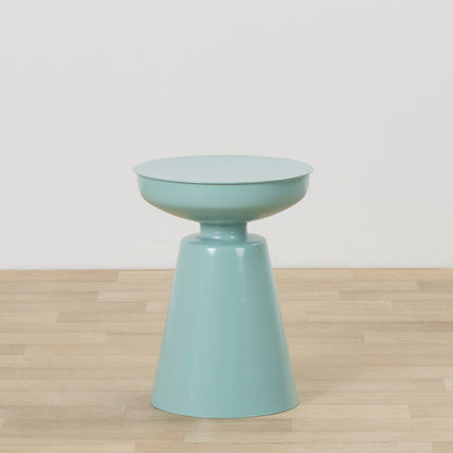 Obelisk Side Table - Mint, sculptural mint side table with a round tray top and tapered pedestal base on timber flooring