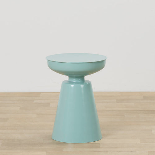 Obelisk Side Table - Mint, sculptural mint side table with a round tray top and tapered pedestal base on timber flooring