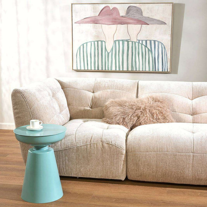 Obelisk Side Table - Mint, sculptural mint side table with round tray top styled beside a cream modular sofa