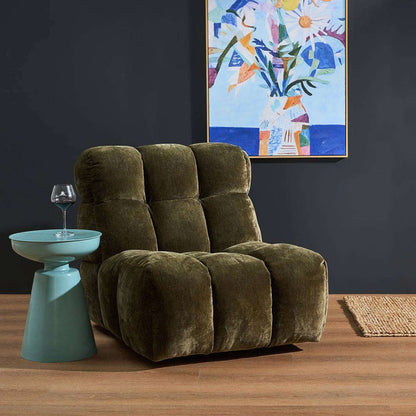Obelisk Side Table - Mint, sculptural mint side table styled beside a plush olive armchair in a contemporary living room
