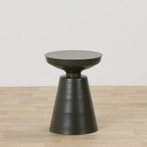 Obelisk Side Table - Olive Green, sculptural olive green side table with a round tray top and tapered pedestal base