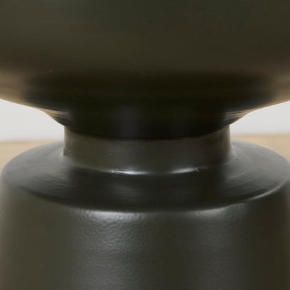 Obelisk Side Table - Olive Green, close-up of the sculptural pedestal and round tray tabletop in olive green