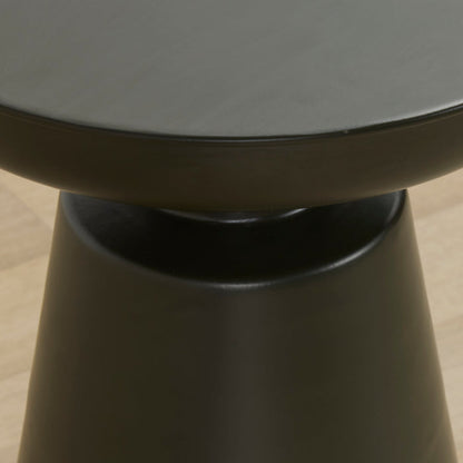 Obelisk Side Table - Olive Green, close-up of the round tray tabletop and sculptural tapered pedestal base