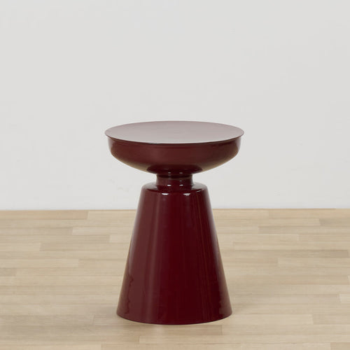 Obelisk Side Table - Wine, glossy wine-red sculptural side table with a round tray top and tapered pedestal base